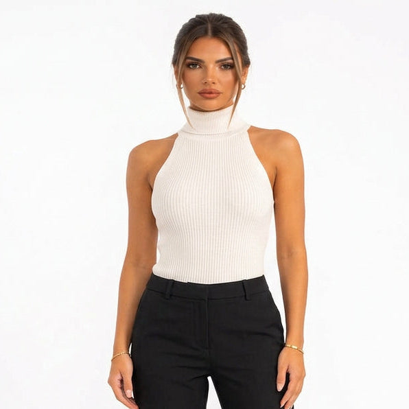 White ribbed backless top front view
