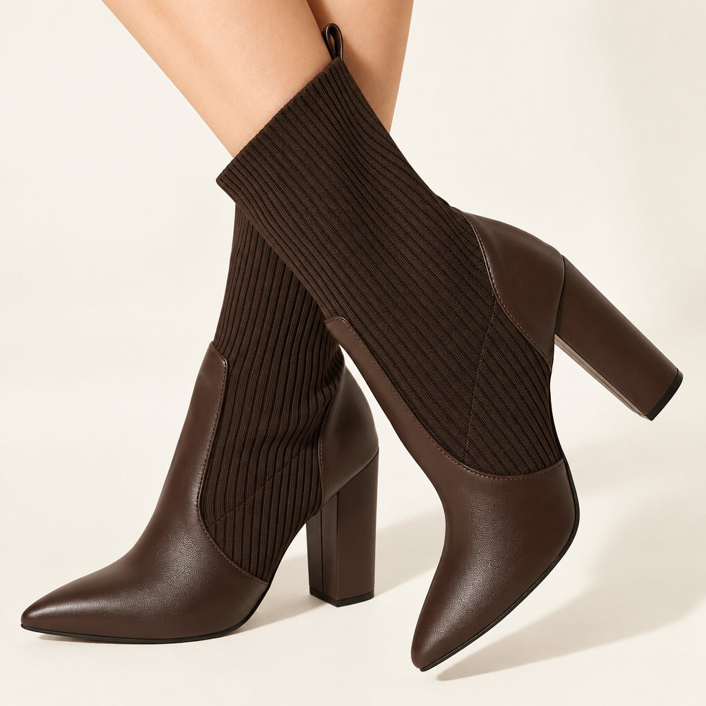 CUCCOO BASICS Women'S Fashion Brown Fabric Elastic Pointed Toe Chunky Heel Mid-Calf Boots, Suitable for Commute, Dating, Party, Holiday, Festival for Vibe and Spring Shoes Spring Break Easter for Christmas Spring Shoes Fall Shoes