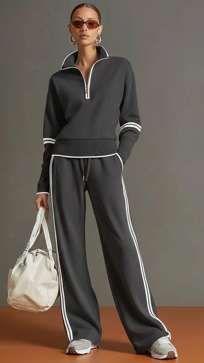 Fall Spring Womens Casual Sports 2Piece Set Suit Contrasting Color Stand-Up Collar Sweatshirt Wide-Leg Pants Two-Piece Set Women