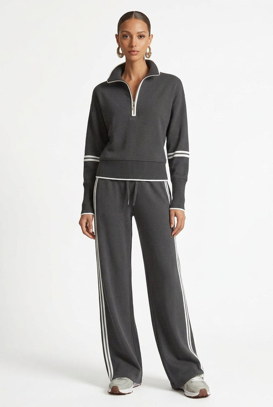 Fall Spring Womens Casual Sports 2Piece Set Suit Contrasting Color Stand-Up Collar Sweatshirt Wide-Leg Pants Two-Piece Set Women