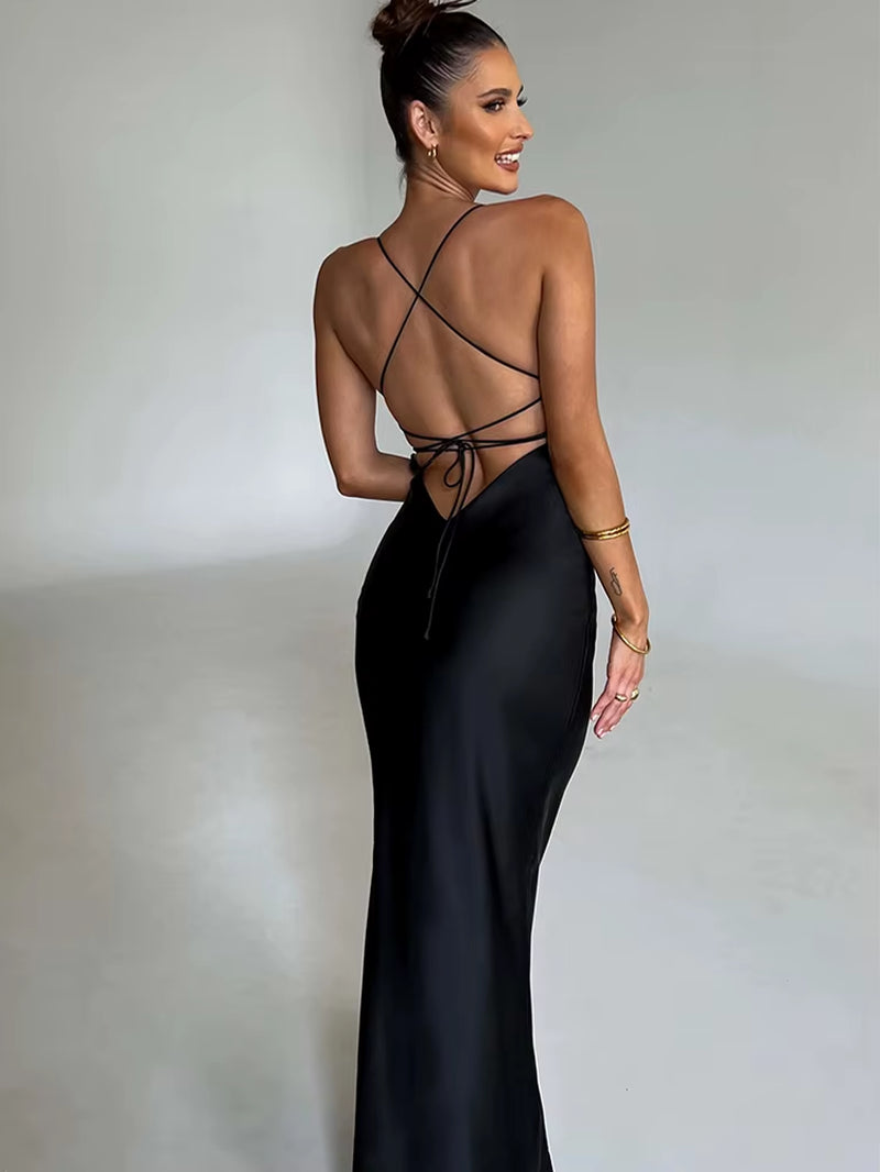 Satin Backless Lace up Mermaid Slip Dress Women Sweetheart Neck Sexy Slim Bodycon Dresses Elegant Silk Gown Partywear