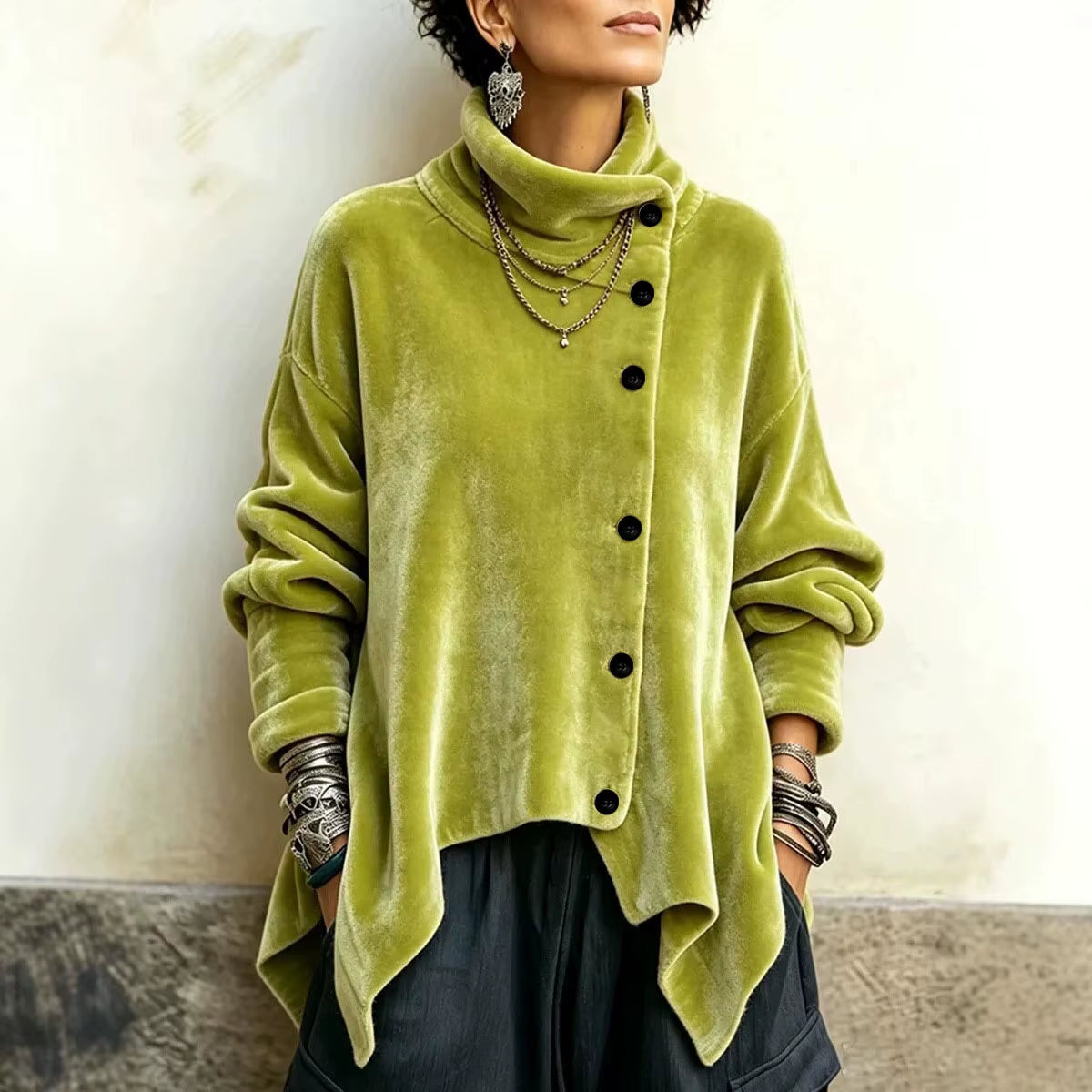 Women Velvet Irregular Hem Jackets High Neck Long Sleeve Button down Loose Coats Casual Fall Winter Vintage Streetwear Outerwear