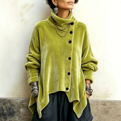 Women Velvet Irregular Hem Jackets High Neck Long Sleeve Button down Loose Coats Casual Fall Winter Vintage Streetwear Outerwear