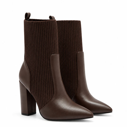 CUCCOO BASICS Women'S Fashion Brown Fabric Elastic Pointed Toe Chunky Heel Mid-Calf Boots, Suitable for Commute, Dating, Party, Holiday, Festival for Vibe and Spring Shoes Spring Break Easter for Christmas Spring Shoes Fall Shoes