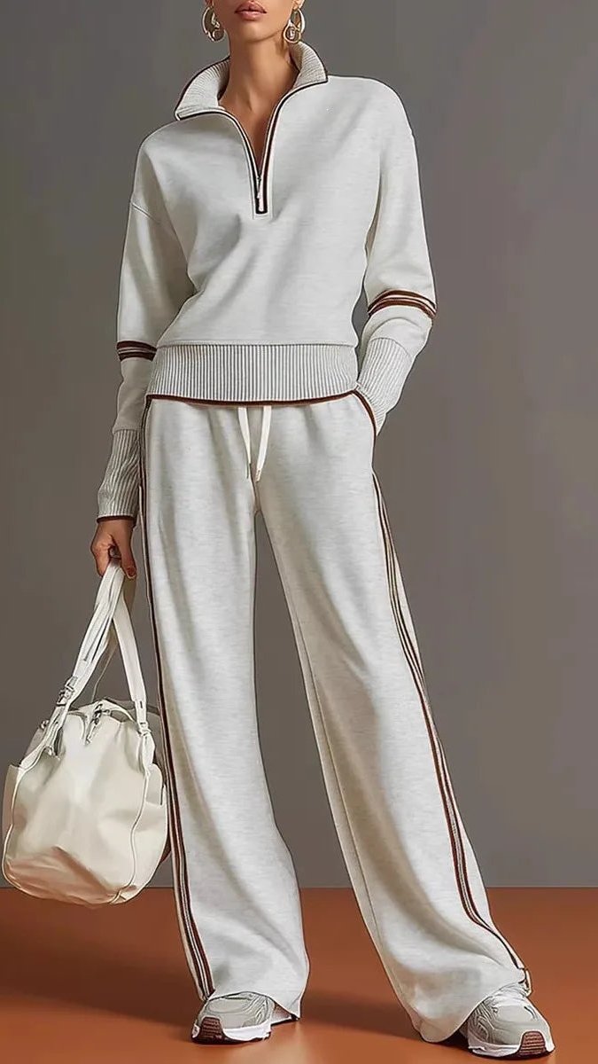 Fall Spring Womens Casual Sports 2Piece Set Suit Contrasting Color Stand-Up Collar Sweatshirt Wide-Leg Pants Two-Piece Set Women
