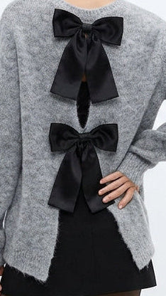 Lady 2024 Bow Decoration Hollow Out Sweater Fashion Temperament Wool Crew-Neck Office Jumpers Sexy Elegant Long Sleeve Knit Top