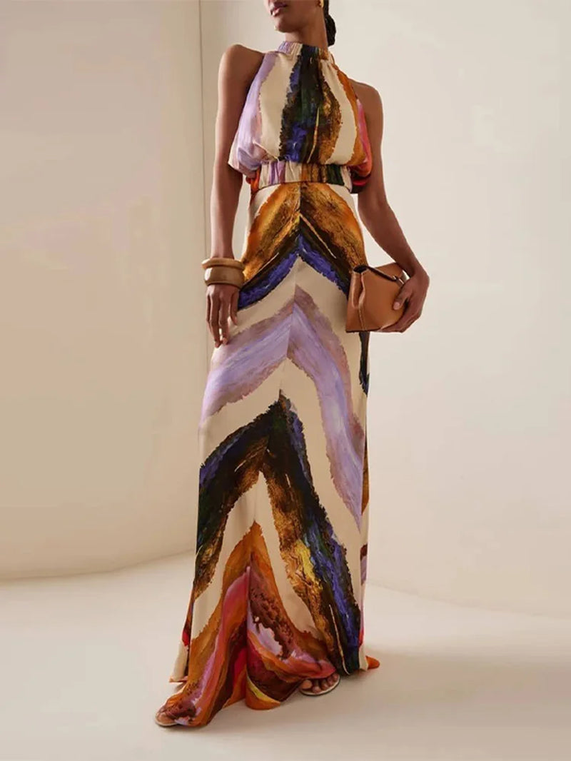 Elegant Sleeveless Backless Halter Crop Top High Waist Maxi Skirt Fashion Printed Skirt Set for Women Summer New Lady 2 Pcs Suit