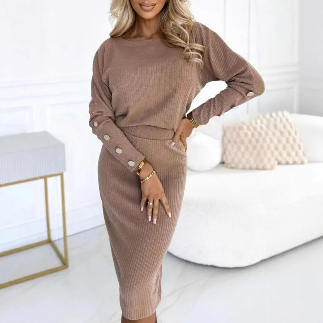 O-Neck Pullover Top & Hip Wrap Skirt Suit Women Fashion Pit Stripe Solid Outfits Casual Long Sleeve Slim Commute 2Pc Set 2025