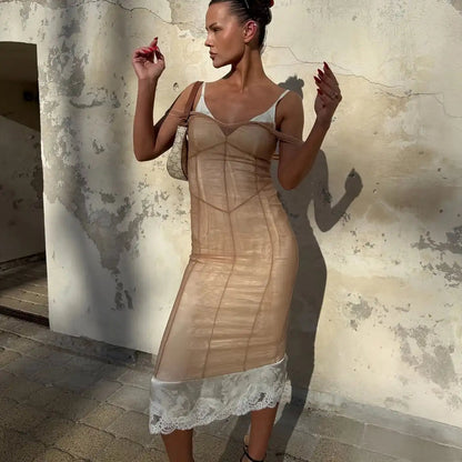 Women Nude Lace Trim Spaghetti Strap Lace Hem Midi Dress Elegant Deep V Sleeveless Bodycon Skirt 2026 Street Daily Dating Outfit