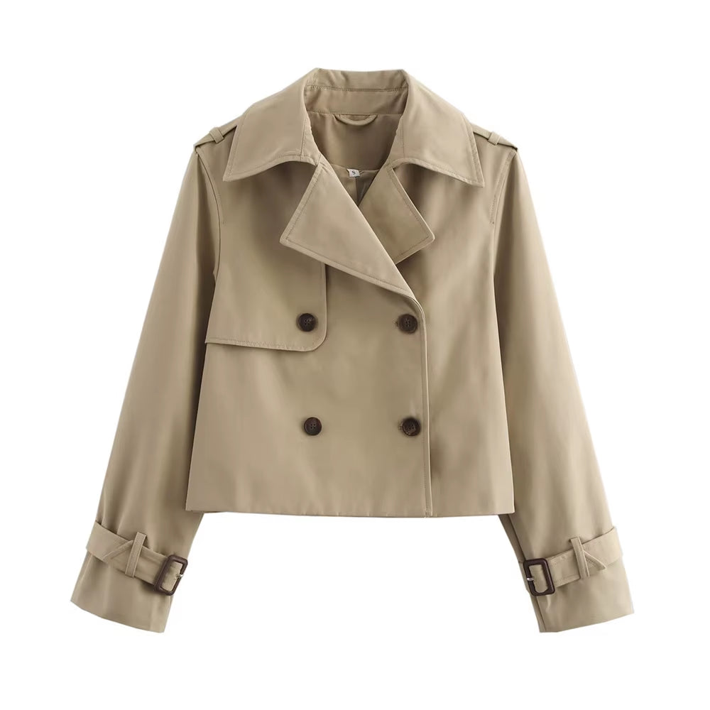 Ladies Vintage Cropped Trench Spring Autumn Jacket Women Streetwear Double Breasted Long Sleeve Top Female Chic Coat Outfits