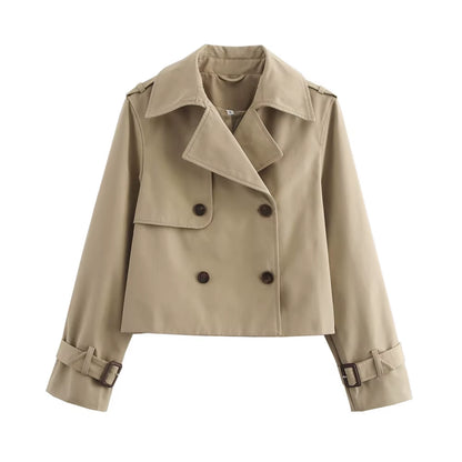 Ladies Vintage Cropped Trench Spring Autumn Jacket Women Streetwear Double Breasted Long Sleeve Top Female Chic Coat Outfits