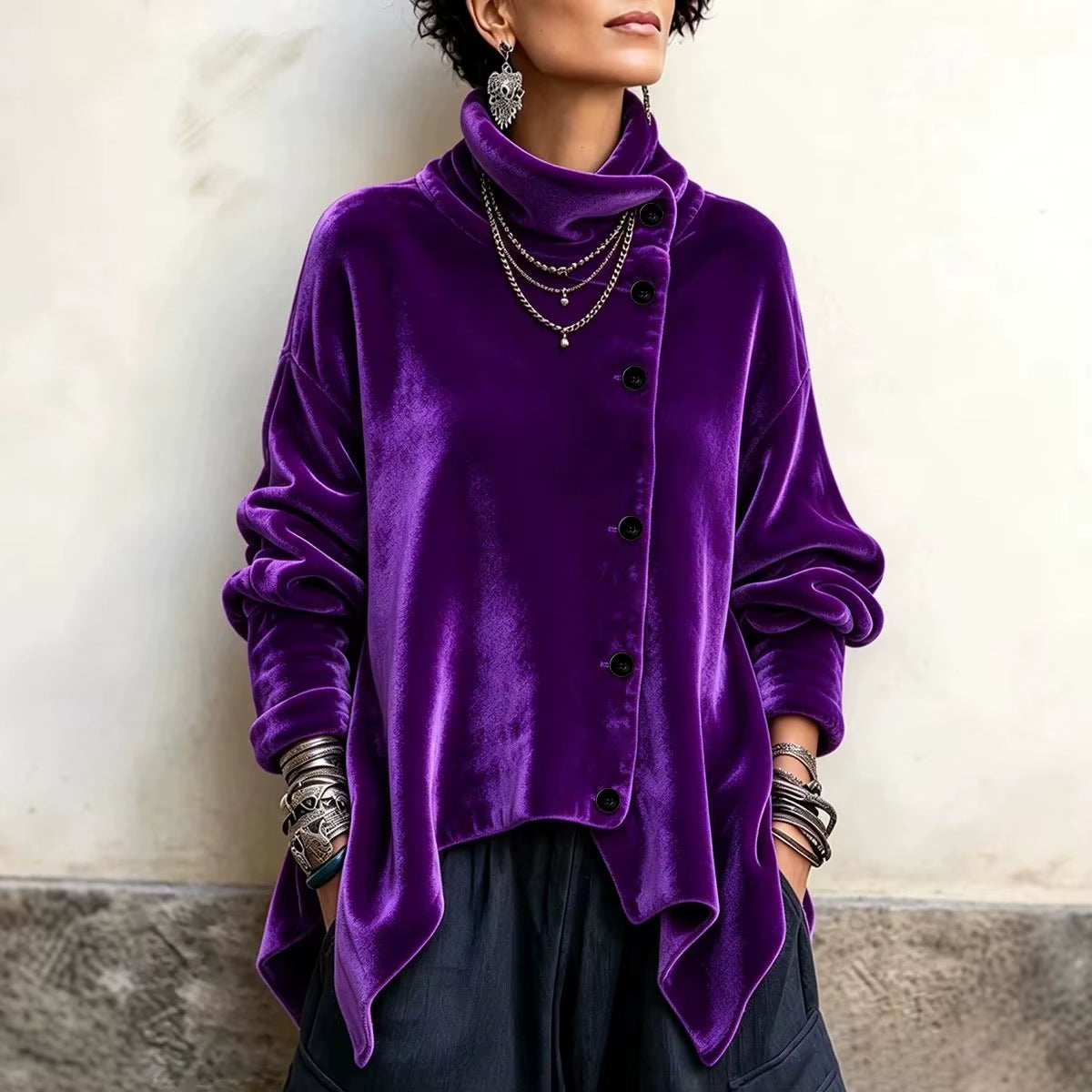 Women Velvet Irregular Hem Jackets High Neck Long Sleeve Button down Loose Coats Casual Fall Winter Vintage Streetwear Outerwear