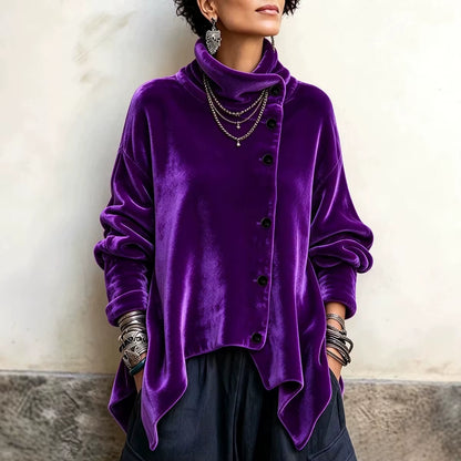 Women Velvet Irregular Hem Jackets High Neck Long Sleeve Button down Loose Coats Casual Fall Winter Vintage Streetwear Outerwear