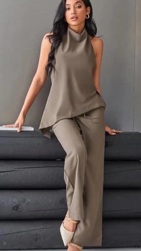 Satin Pant Sets Women'S Two Pieces Set Asymmetric Halter Top Set 2 Piece Woman Outfit Chic High Waist Lace-Up Trousers Sets