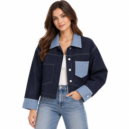 Model in navy contrast lapel denim jacket with light blue collar cuffs and chest pocket — front view