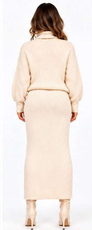 Cream roll-neck knit top and skirt co-ord back portrait