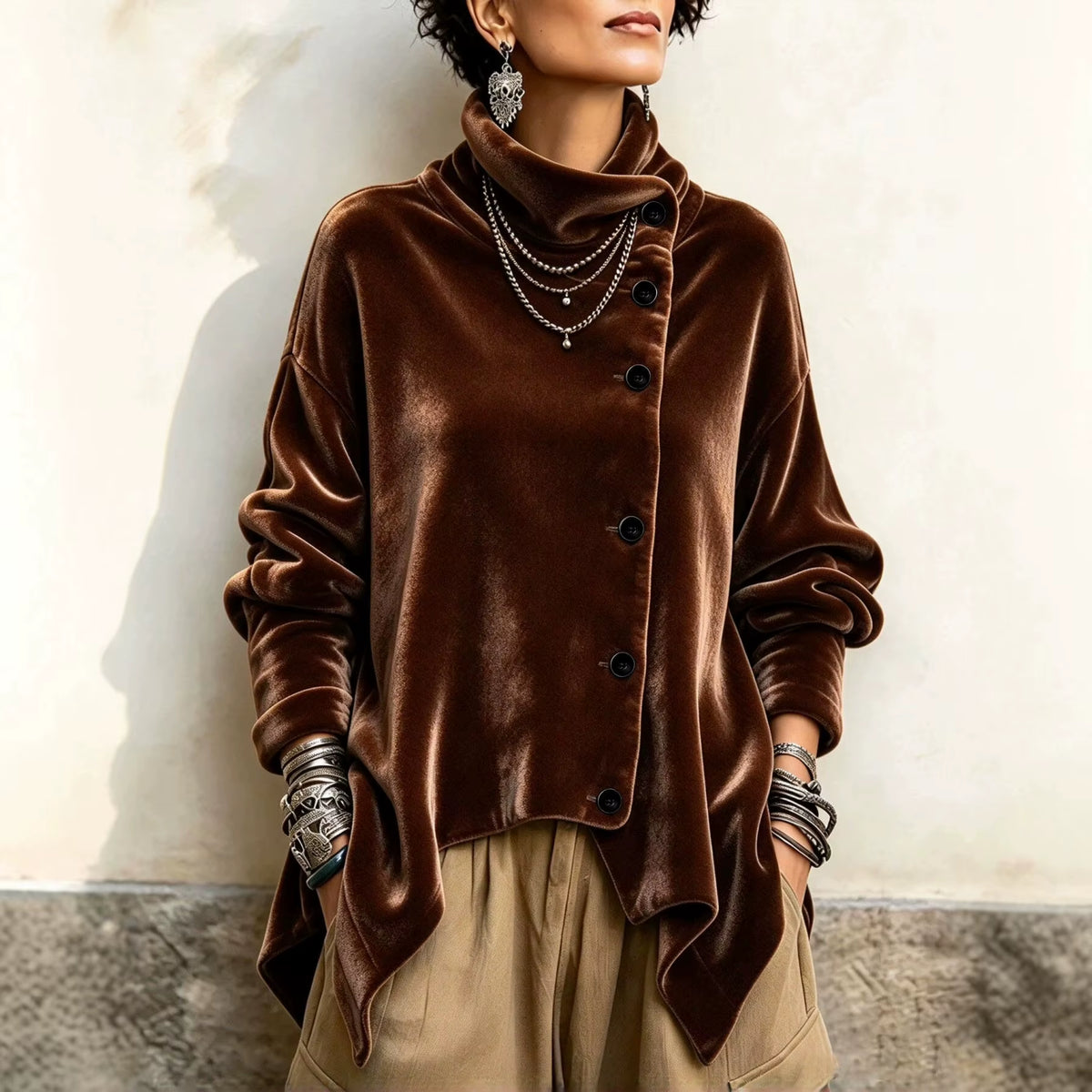 Women Velvet Irregular Hem Jackets High Neck Long Sleeve Button down Loose Coats Casual Fall Winter Vintage Streetwear Outerwear