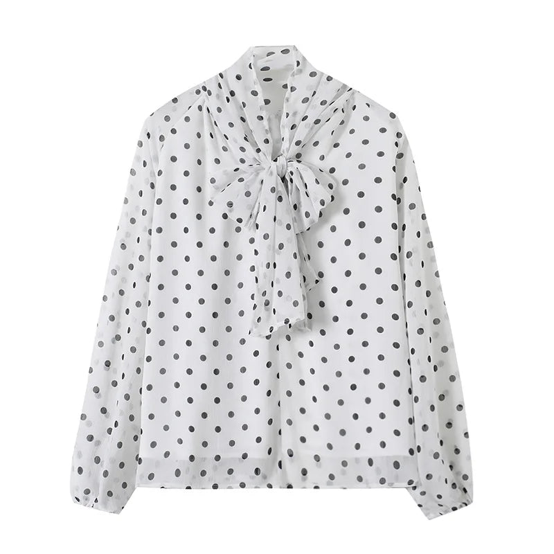 Elegant Loose Chiffon Polka Dot Shirts Women'S Lace-Up Blouses Female Shirt Casual Classic Tops Blouse White Black Brown Autumn