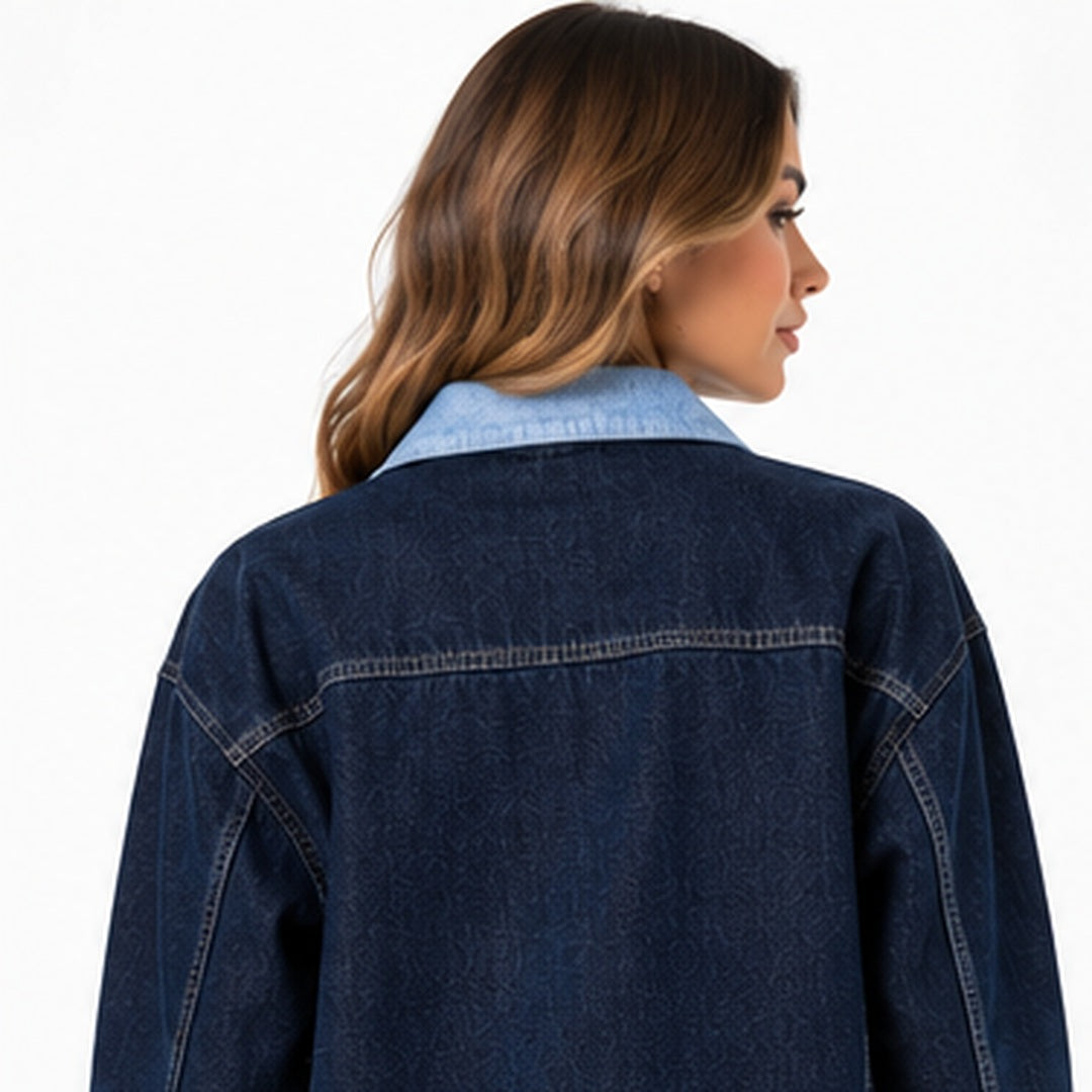 Back view of contrast denim jacket