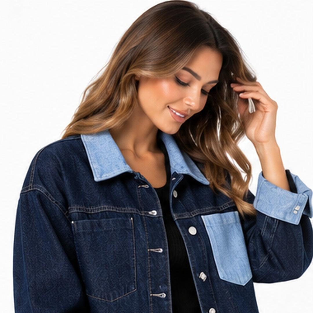 Front three quarter view of denim jacket