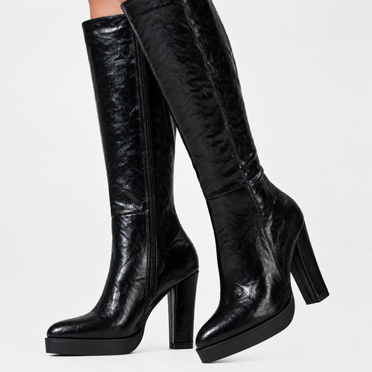 New Fashion Comfortable Women High Heel Side Zip Platform Ankle Boots, Elegant and Minimalist Design, Autumn/Winter , Match Black Skirt,Party