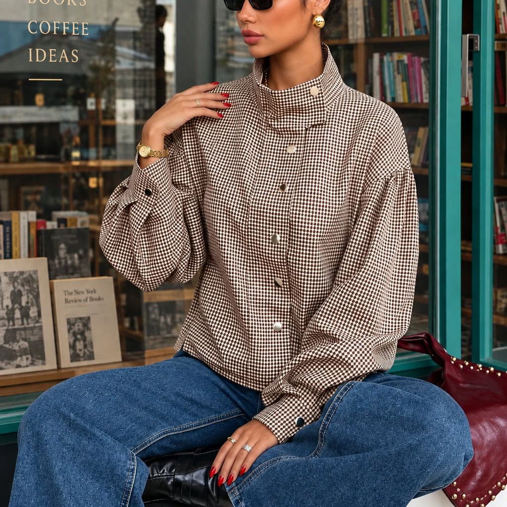 Vintage Houndstooth Cropped Jacket Women Lapel Balloon Sleeve Zip up Casual Short Coat Autumn Street Outerwear