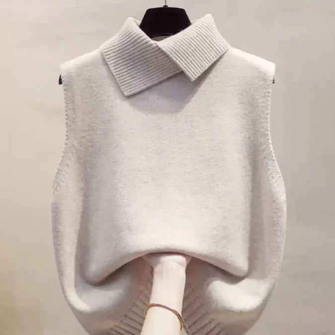 Autumn Winter Korean Solid Color Lapel Sleeveless Versatile Casual Knitted Vest for Women