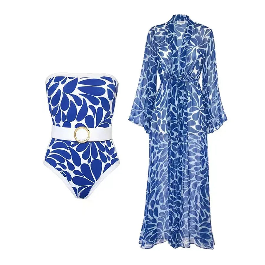 Printed One Piece Swimsuit for Women, European and American Style, Sexy Swimwear with Optional Cover-Up
