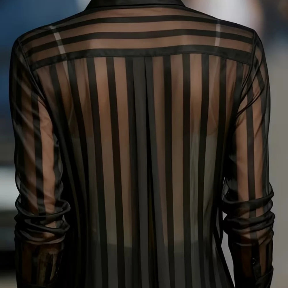 Sheer Vertical Stripe Button down Shirt Long Sleeve Collared Blouse for Women Office Top