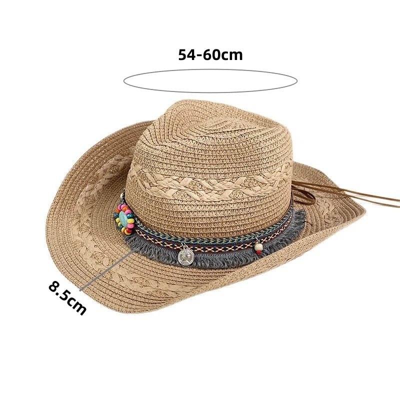 Ethnic Style Woven Western Cowboy Straw Hat, Large Brim for Sun Protection in Summer, Suitable for Daily Outings, Beach Vacations, and Grassland Travel