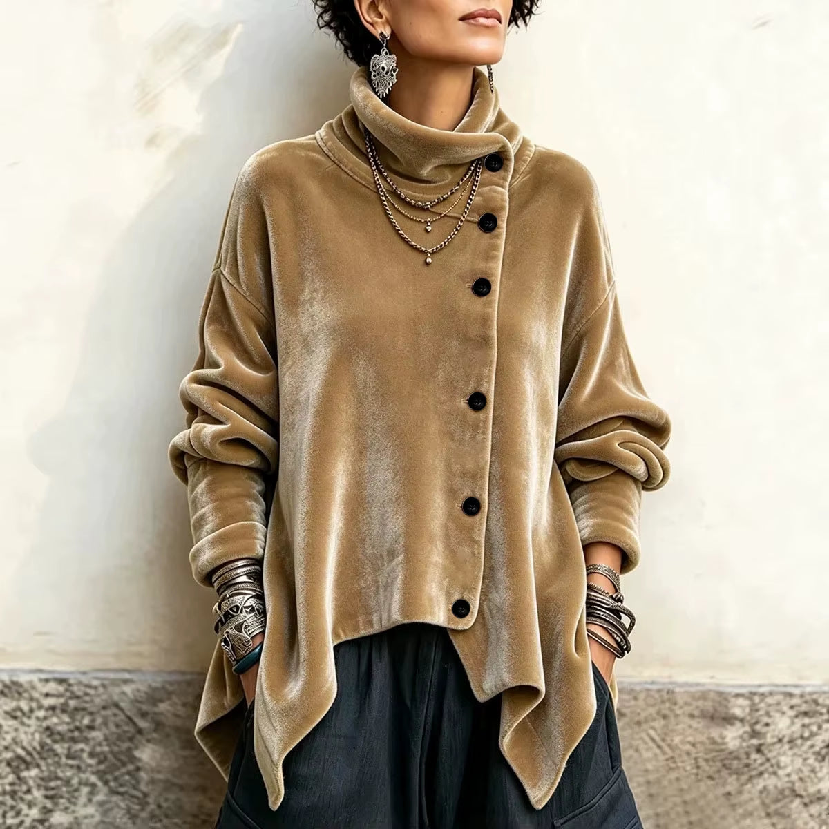 Women Velvet Irregular Hem Jackets High Neck Long Sleeve Button down Loose Coats Casual Fall Winter Vintage Streetwear Outerwear