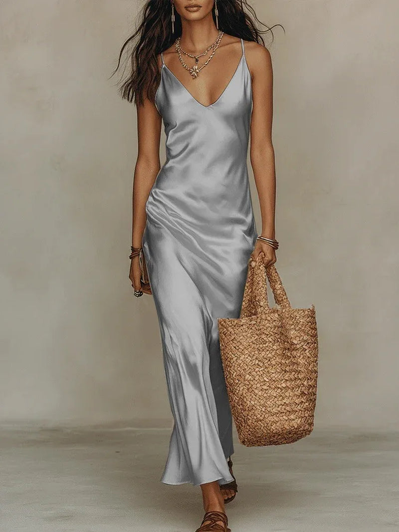 Elegant Solid Satin Dress 2 Piece Set Women Loose V-Neck Knit Long Sleeve Top Strapless Long Dress Suit 2026 Fashion Lady Outfit
