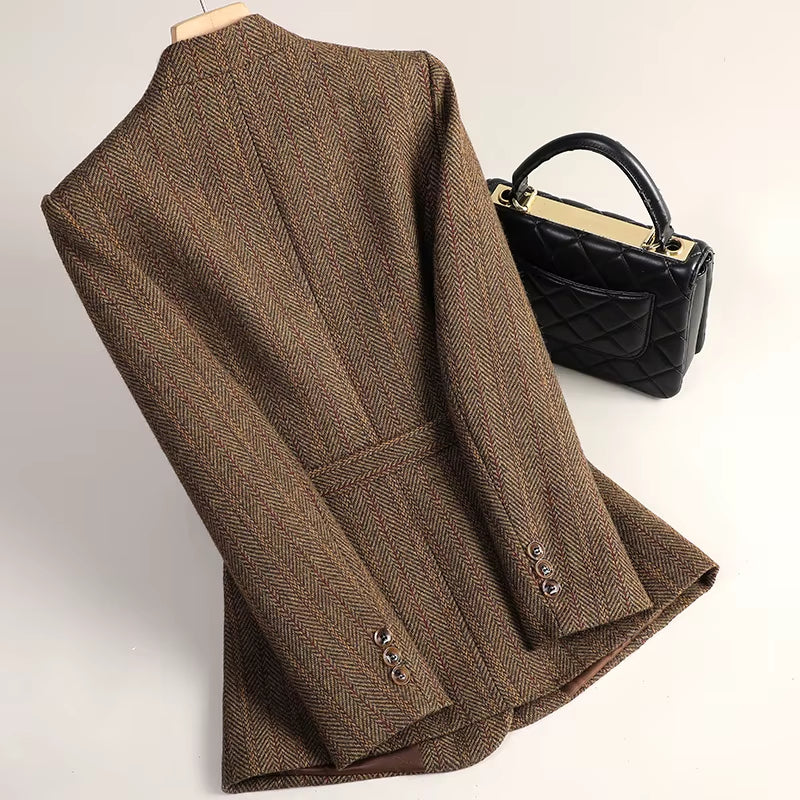 Small Fragrant Style Wool Woolen Blazer Women Autumn Winter Jacket New Striped Suit Top Winter Thicken Coat Lady Office Blazers