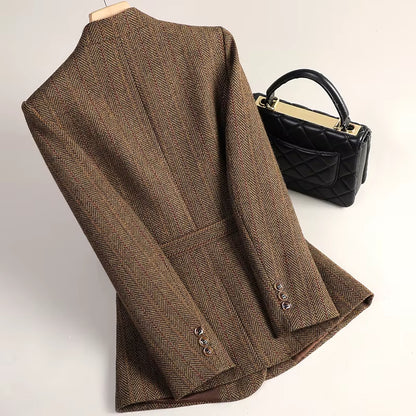 Small Fragrant Style Wool Woolen Blazer Women Autumn Winter Jacket New Striped Suit Top Winter Thicken Coat Lady Office Blazers