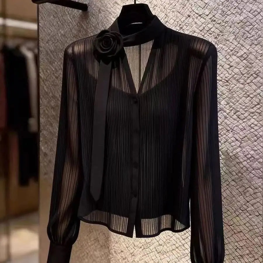 Black Blouses 2026 Blusas Mujer De Moda V-Neck Long Sleeve Temperament Lady Tops Chic 3D Floral See through Summer Loose Shirts