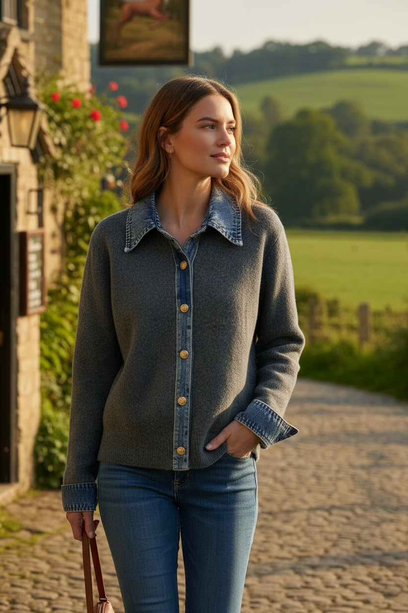 Denim Collar Knit Cardigan - Close Up Countryside