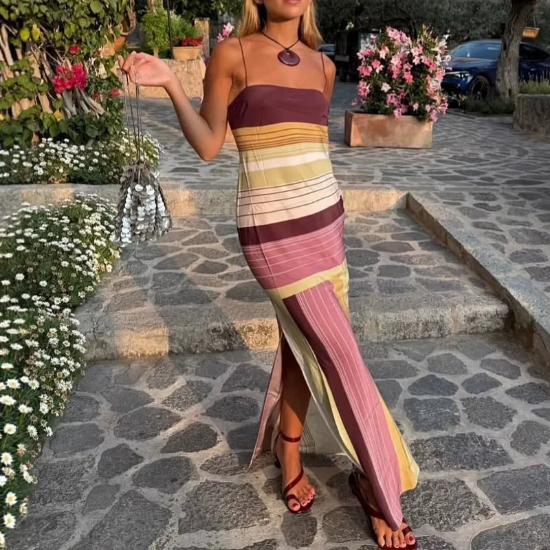 Lady Casual Straps Backless Beach Dress Fashion Stripe Sleeveless Dress Temperament Color Blocking Slim off Shoulder Slit Dress