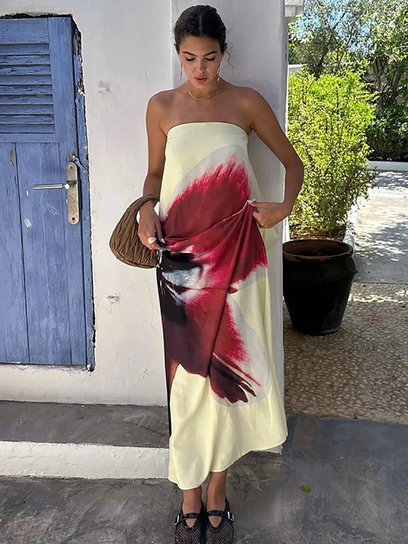 Sexy Strapless Print Floral Belt Women Maxi Dress Yellow Backless Vacation Dress Summer Loose Elegant Party Beachwear