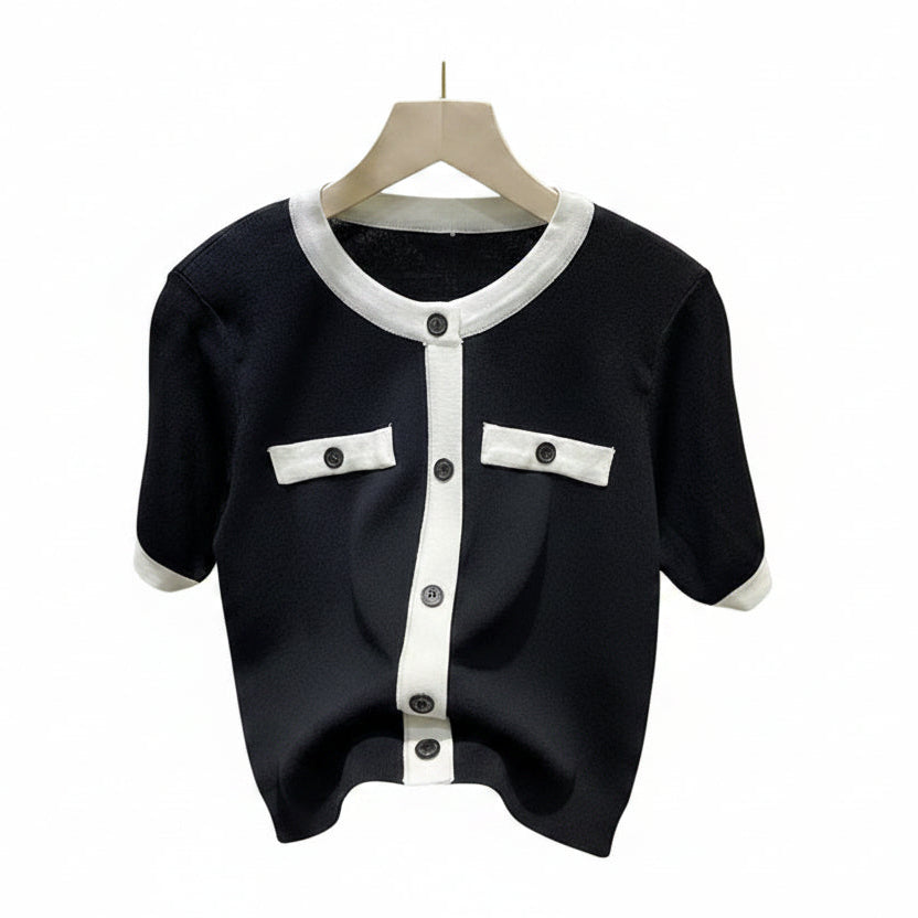 Loose Ice Silk Short Sleeve T-Shirt Women'S Summer New Style Small Fragrance Knitted Shirt round Neck Color Block Commute Style