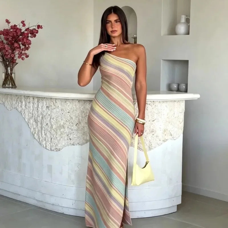 French Vacation Knit Maxi Dress Color Block Striped Bead Detail One Shoulder Side High Slit Fitted Waist Mermaid Party Dresses