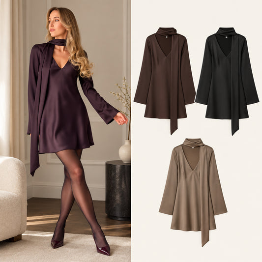 KONDALA Sexy Scarf Collar Satin Dress Women Elegant Chic Dinner Mini Dress 2026 Spring Summer Fashion Holiday Party Female Dress