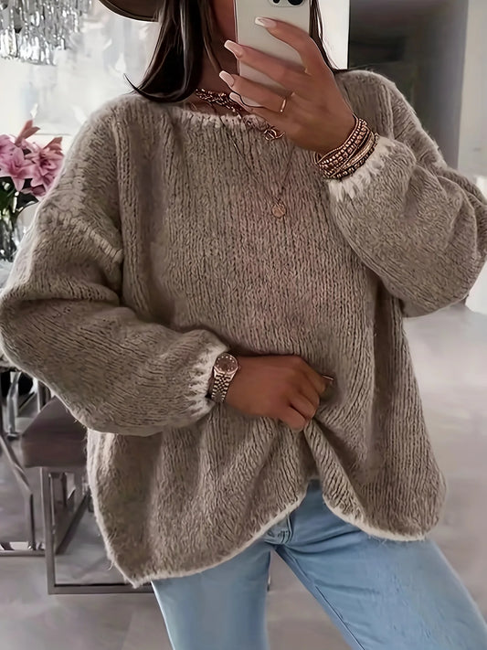 Women’S Autumn Winter Color-Block round Neck Drop-Shoulder Long Sleeve Loose Pullover Sweater, Vintage Casual Knit Jumper Top