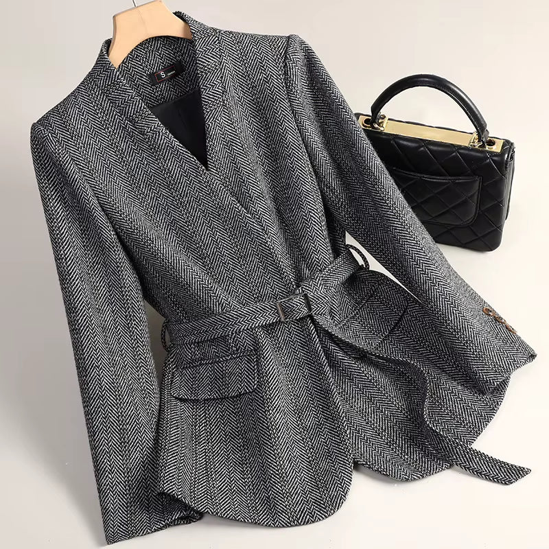 Small Fragrant Style Wool Woolen Blazer Women Autumn Winter Jacket New Striped Suit Top Winter Thicken Coat Lady Office Blazers