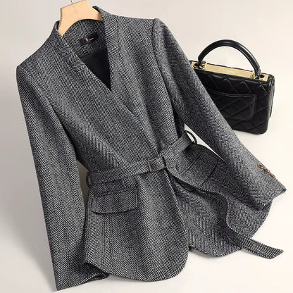 Small Fragrant Style Wool Woolen Blazer Women Autumn Winter Jacket New Striped Suit Top Winter Thicken Coat Lady Office Blazers