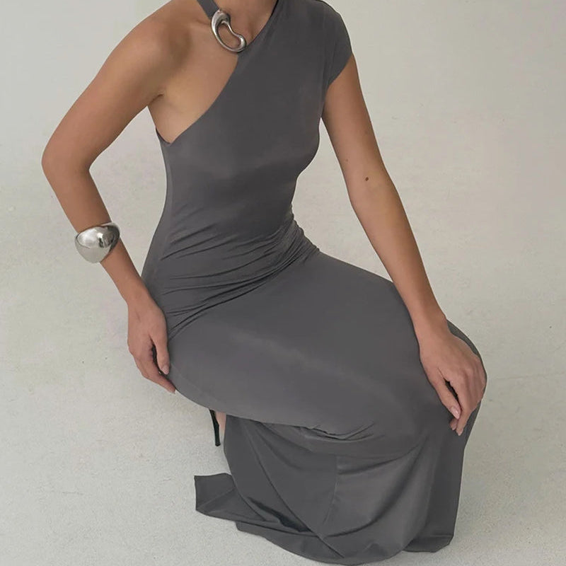 Sexy One Shoulder High Slit Women Maxi Dress Sleeveless Metal Button Dress Autumn Slim Elegant Party Club Dress 2026