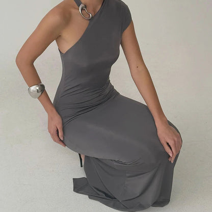 Sexy One Shoulder High Slit Women Maxi Dress Sleeveless Metal Button Dress Autumn Slim Elegant Party Club Dress 2026