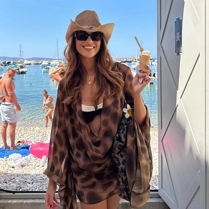 2025 Autumn Fashion Street Style Sexy Low-Cut Plunging Neckline Leopard Printed Flare Sleeve Women Beach Vacation Mini Dress C95