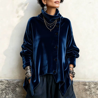 Women Velvet Irregular Hem Jackets High Neck Long Sleeve Button down Loose Coats Casual Fall Winter Vintage Streetwear Outerwear