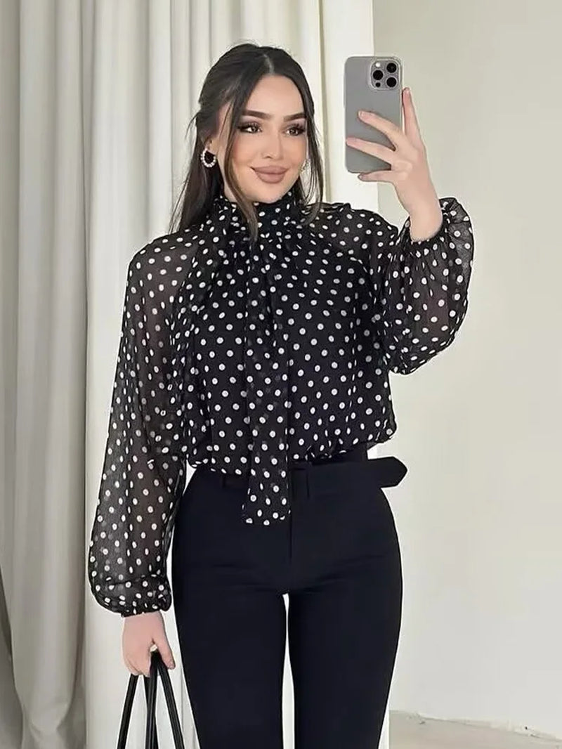Elegant Loose Chiffon Polka Dot Shirts Women'S Lace-Up Blouses Female Shirt Casual Classic Tops Blouse White Black Brown Autumn