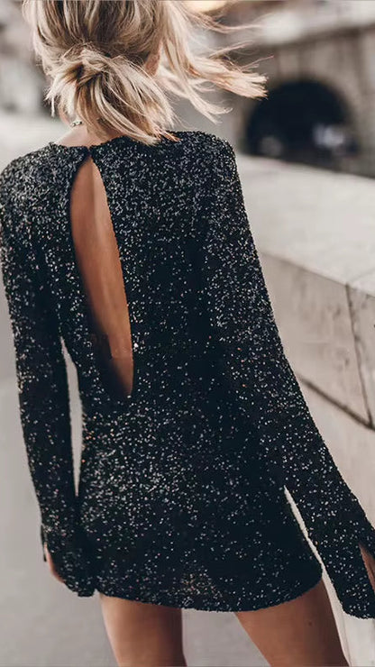 Women'S Fashionable Streetwear Casual Bright Sequined Long-Sleeve Bodycon Dress Trendy Party Backless Outfit Party Dresses